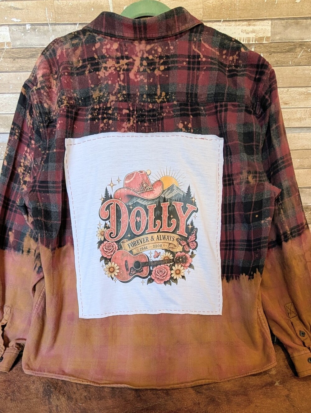 Dolly Parton Graphic Upcycled Dip Dyed Bleached Flannel Shirt